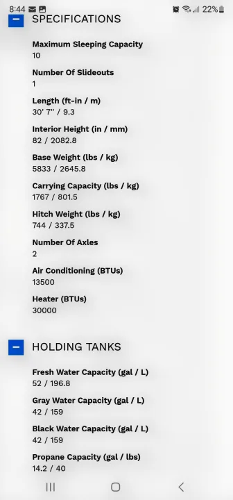 Detailed specifications for an RV rental, including dimensions, weights, sleeping capacity, and tank capacities.. Dutchmen Coleman Lantern 2019
