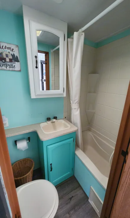 Bright RV rental bathroom featuring turquoise walls, white cabinet, a compact shower-tub, sink, and toilet on wood-look floor.. Forest River Palomino Puma 2009