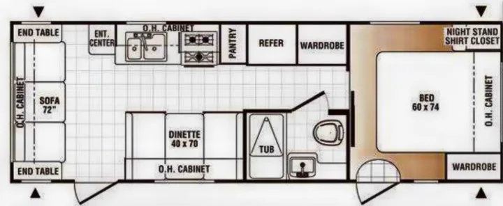 RV rental floor plan showcasing a practical layout with living, kitchen, bath, and bedroom areas.. Forest River Palomino Puma 2009