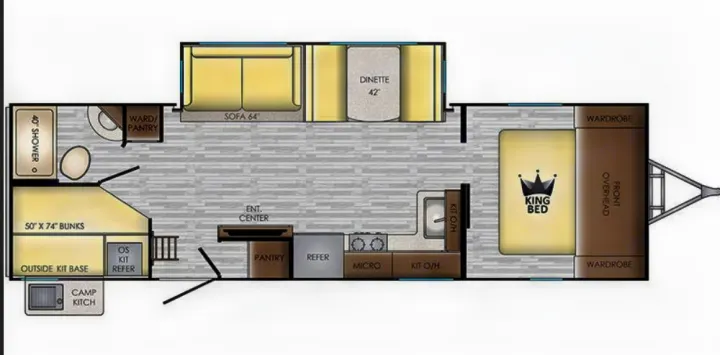 RV rental floor plan: King bed, bunks, kitchen, shower, and living area detailed for your travel needs.. Crossroads RV Sunset Trail Super Lite 2019