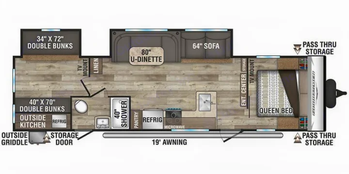 RV rental floor plan: double bunks, queen bed, U-dinette, sofa, inside/outside kitchen, shower. Perfect for families!. KZ Sportsmen SE 2021