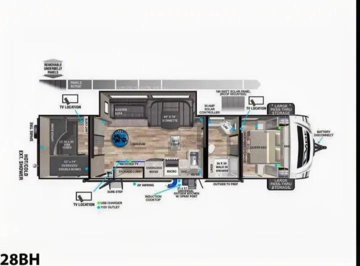 This RV rental shows the 28BH travel trailer floor plan, featuring bunks, a queen bed, U-dinette, and kitchen.. Forest River Vibe 2022