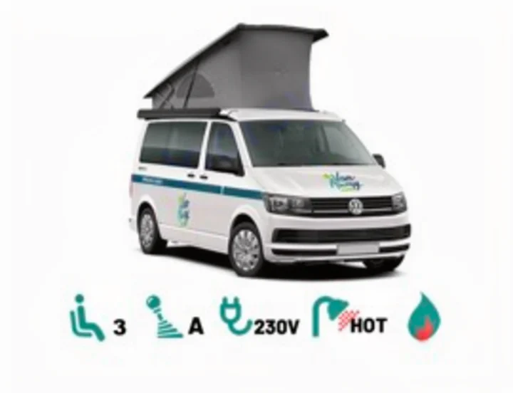 White pop-top camper van RV rental with auto, 230V power, hot water, heating, and seats 3.. Volkswagen Transporter T6.1 2022