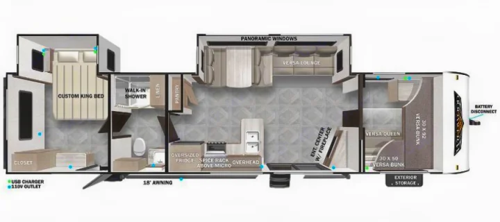 Detailed RV rental floor plan of a spacious recreational vehicle with king bed, bunks, kitchen, and lounge.. Forest River Wildwood 2023