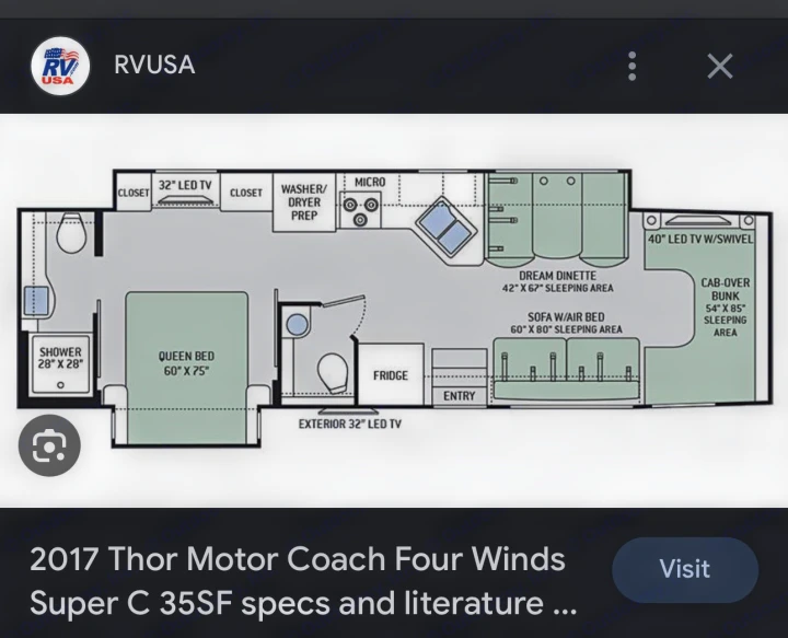 Detailed RV rental floor plan for a 2017 Thor Four Winds Super C motorhome, illustrating its sleeping areas & specs.. Thor Four Winds 2017