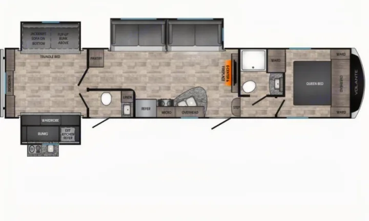 RV rental floor plan: Spacious layout with bunks, trundle bed, queen bed, kitchen, bath, & living area.. Crossroads RV Volante 2019