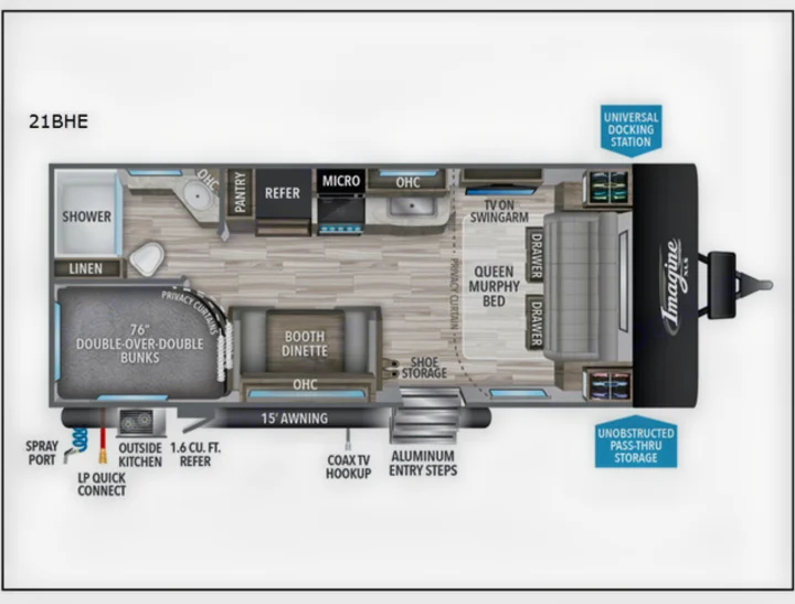 Explore this spacious Imagine 21BHE travel trailer rv rental floor plan featuring a queen bed, double bunks, kitchen, and dinette layout.. Grand Design Other 2023