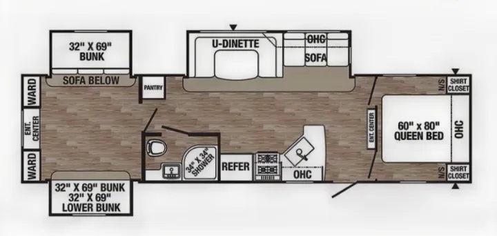 RV rental floor plan showing a queen bed, bunk beds, U-dinette, kitchen, and bath layout. Ideal for groups.. Palomino Puma 31DBTS 2020