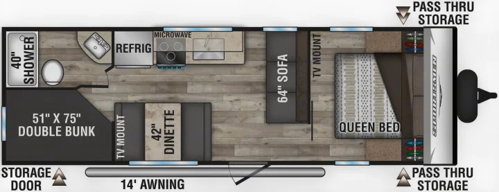 RV rental floor plan details: queen bed, bunk beds, sofa, dinette, kitchen, and shower.. KZ Sportsmen SE 260BHSE 2022