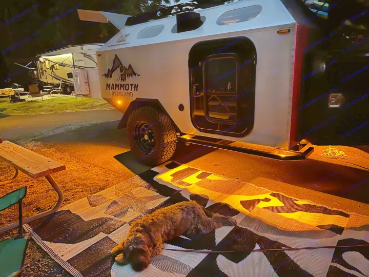 A dog relaxes by a lit Mammoth Overland travel trailer at night, showcasing a cozy RV rental campsite.. Mammoth Overland Mammoth HV 2023