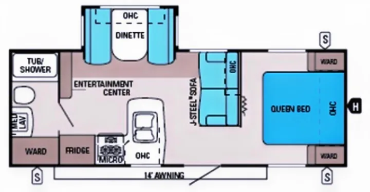 RV rental floor plan: See the interior layout with a queen bed, dinette, kitchen, bathroom, and living areas.. Jayco Jay Flight 2015