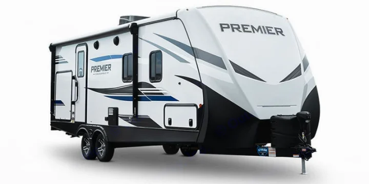 Sleek white and black Premier travel trailer, perfect for your next RV rental or camping getaway.. Keystone RV Bullet Premier Ultra Lite 2022