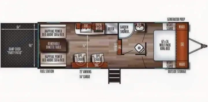 Detailed **RV rental** toy hauler floor plan showing a king bed, patio, kitchen, and convertible living space.. Forest River Wolf Pack 2016