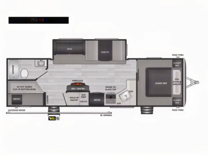RV rental floor plan: Spacious travel trailer with queen bed, bunks, and full amenities for comfortable adventures.. Keystone RV Springdale 2022