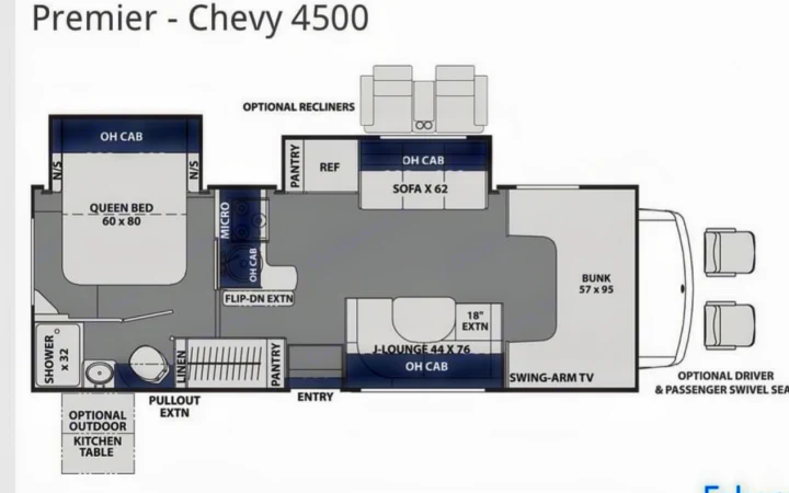 This RV rental floor plan details the interior layout of a Premier Chevy 4500, showing queen bed, bunk, kitchen, bath, and seating areas.. Chevy 4500 2019