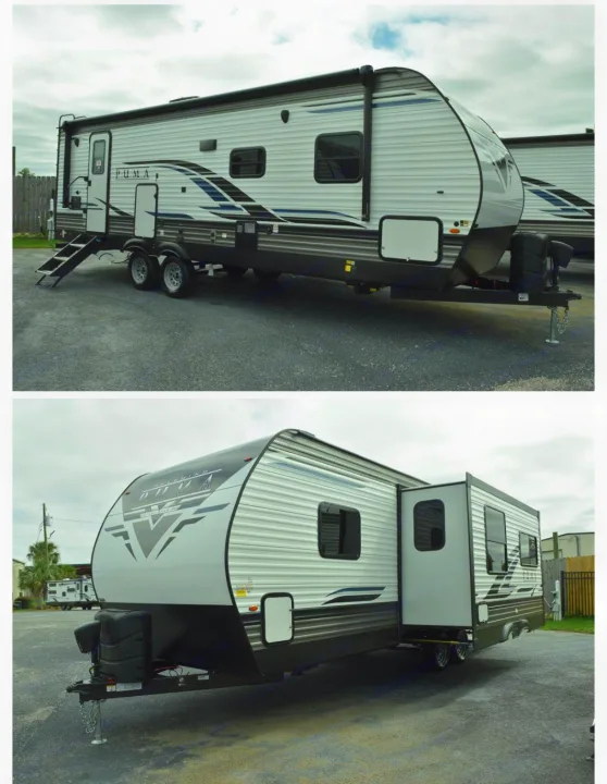 White Puma travel trailer RV rental, ready for adventure. Features include an extended awning and slide-out.. Puma Palomino 2021