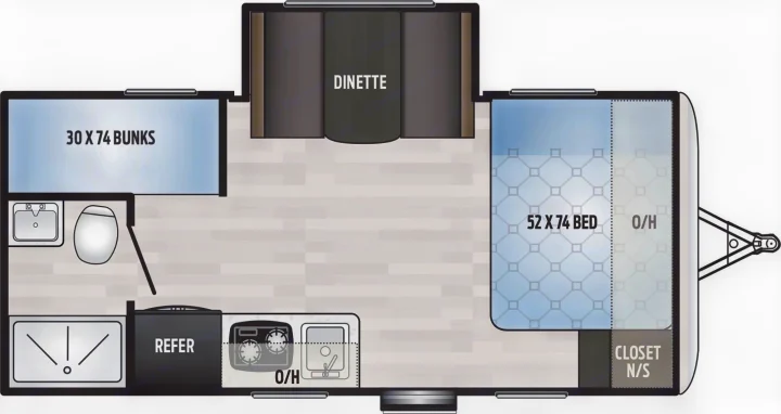 This RV rental floor plan illustrates a travel trailer layout with bunk beds, dinette, main bed, kitchen, and bath.. Keystone RV Springdale 2022
