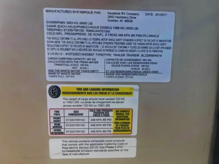 RV rental trailer compliance label: essential specs for safe use, including GVWR, tire size, and cargo capacity.. Keystone RV Bullet Ultra Lite 2018