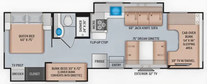 RV rental floor plan showing a spacious interior layout: queen bed, bunks, kitchen, bathroom, and living areas.. Thor Freedom Elite 2023