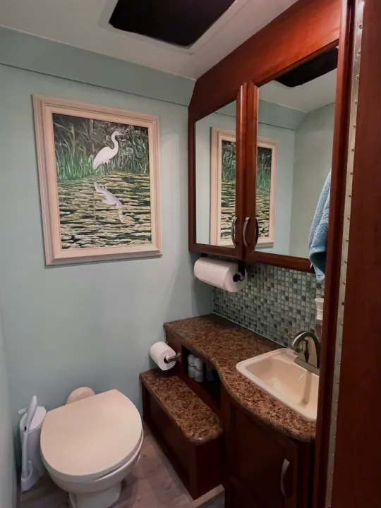 Compact RV rental bathroom.. Thor Four Winds 2015