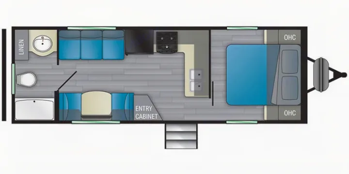 RV rental floor plan. This detailed layout features a bedroom, kitchen, bathroom (with tub), living area with sofa & dinette.. Heartland RVs Prowler 2022