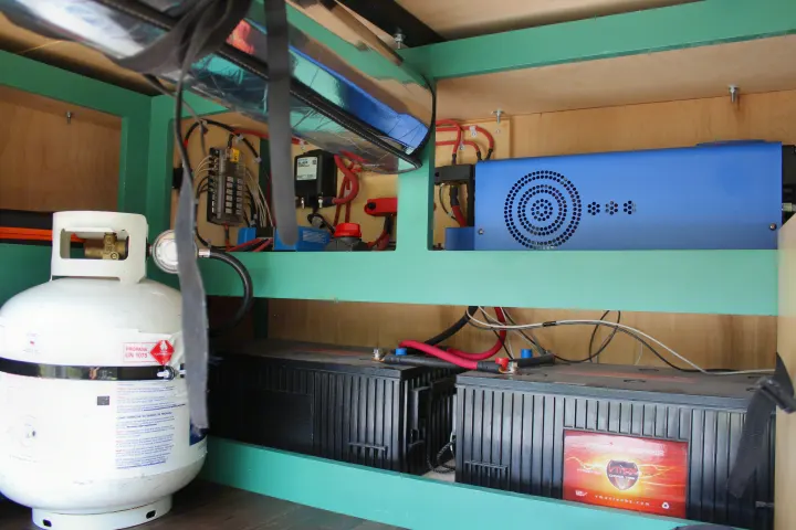 Inside an RV rental: propane tank, electrical system with batteries and inverter for reliable power on the road.. Ford Transit 2017