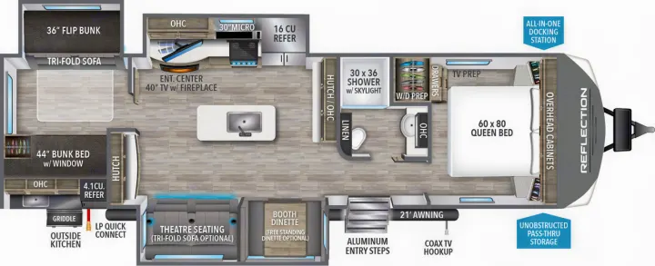 Detailed RV rental floor plan: 1BR, bunk beds, kitchen, and living areas shown for travel convenience.. Grand Design Reflection 2022