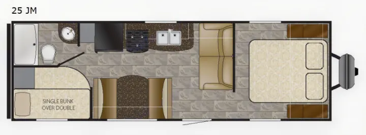 Detailed rv rental floor plan: 25 JM model with bath, kitchen, dinette, lounge, master bed, and bunk beds (single over double).. Heartland Trail Runner 2021