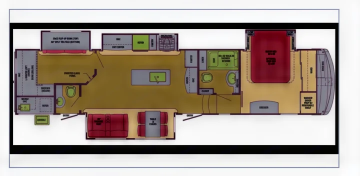 RV rental floor plan detailing the interior layout with living, kitchen, bath, and sleeping areas, including a loft and bunks.. Palomino Columbus 2018