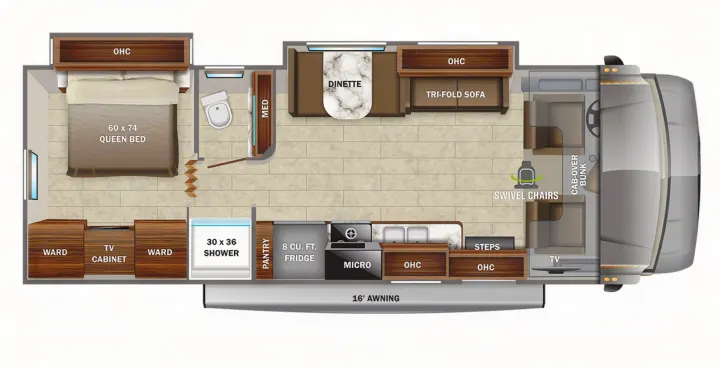 RV rental floor plan: 60x74 queen bed, bunk, dinette, full kitchen, and living space. Perfect for family adventures.. Jayco Greyhawk 2022