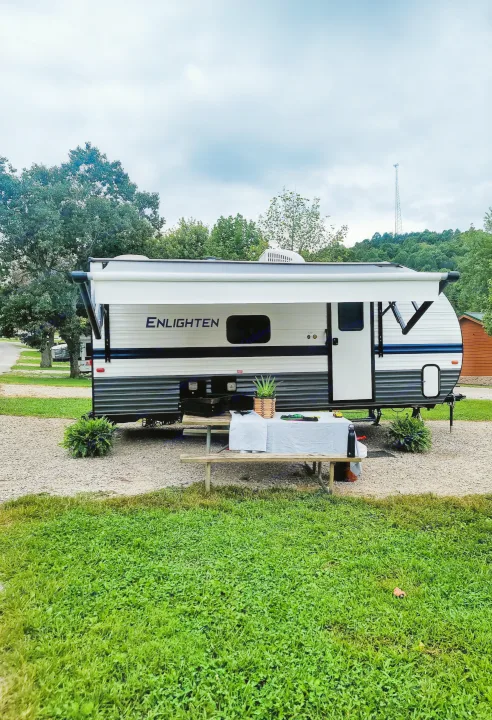 Set up at the Yogi Bear Campground in Kentucky. Gulf Stream Enlighten 2021