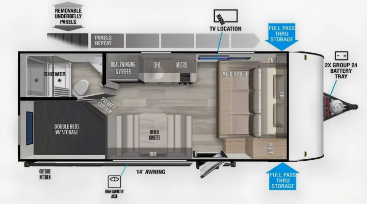 This RV rental floor plan showcases interior features: double beds, kitchen, bath, and extensive storage options.. Forest River Salem FSX 2023
