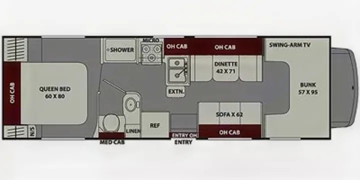 This RV rental floor plan features a queen bed, dinette, bunk, and kitchen, detailing the interior layout for travelers.. Coachman Leprechaun 2022