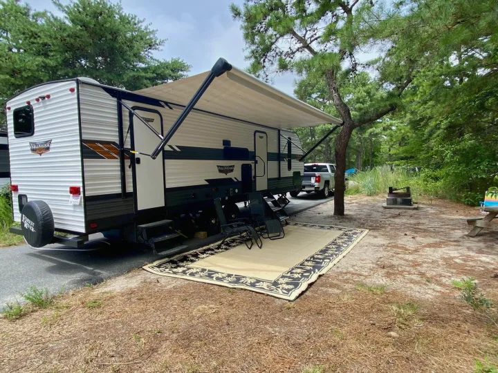 RV rental set up at a shaded campsite with an awning, outdoor rug, chairs, and picnic area.. Forest River Wildwood 2021