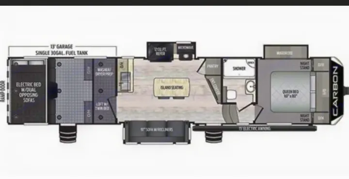 Explore this detailed Carbon toy hauler rv rental floor plan, featuring a 13' garage, queen bed, and full living area.. Keystone Carbon 2020