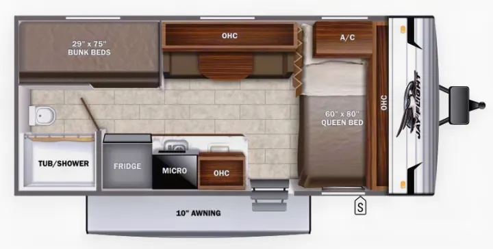 RV rental floor plan: Jay Flight model with queen bed, bunk beds, kitchen, and full bath. Great for family trips.. Jayco Jay Flight SLX 2022