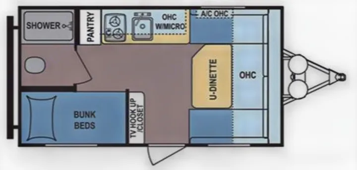 RV rental floor plan details interior layout: bunk beds, U-dinette, kitchen with microwave, and full bathroom with shower.. Dutchmen Coleman Lantern LT 2017
