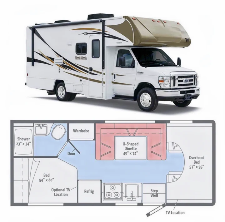 A white Minnie Winnie RV, a great option for RV rental, is displayed with its detailed floor plan showing the bed, dinette, kitchen, and bathroom layout.. Winnebago Minnie Winnie 2019