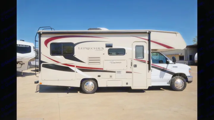 Side exterior view of a Class C Coachmen Leprechaun RV, beige with burgundy/black stripes, ideal for your next rv rental trip.. Coachmen Leprechaun 2020