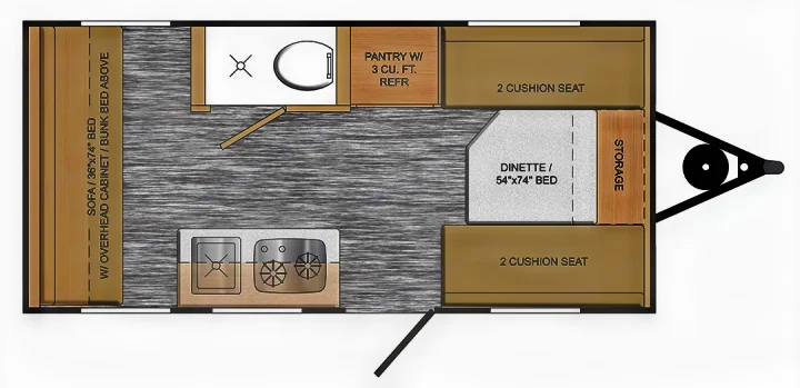Detailed RV rental floor plan: features convertible dinette bed, sofa/bunk bed, kitchen, bath, & pantry with fridge.. Travel Lite Rove 14BH 2024