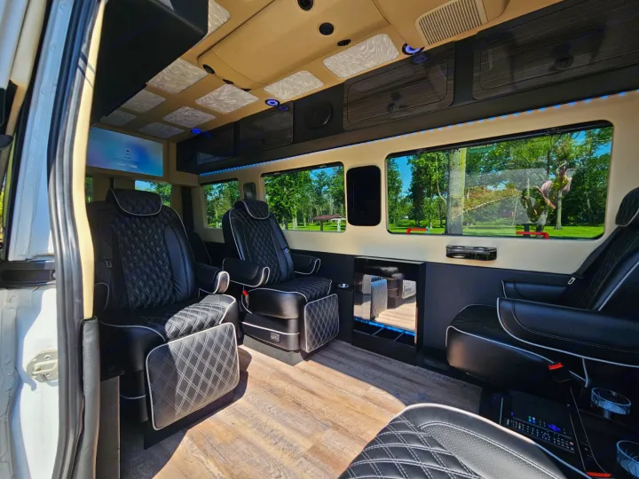 Experience comfort with this luxury rv rental. Featuring diamond-stitched black leather seats, wood floor, and ambient lights inside.. Mercedes-Benz Sprinter 2017
