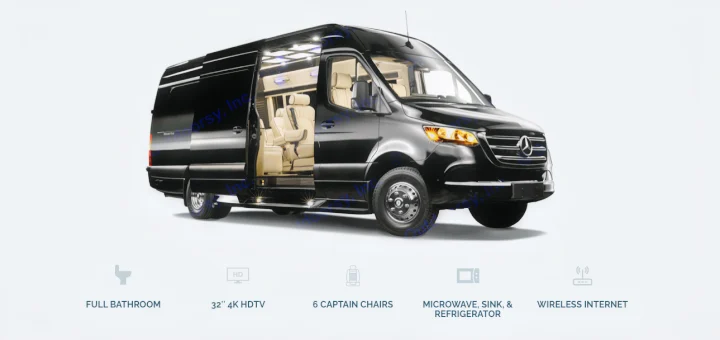 Spacious black Mercedes-Benz Sprinter RV rental with full bathroom, 6 captain chairs, 4K HDTV, microwave, sink, and WiFi.. Ultimate Toys Ultimate Coach 2024