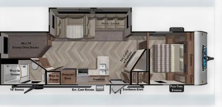 Detailed rv rental floor plan: explore the spacious layout including bunk beds, kitchen, lounge, and private bedroom.. Forest River Salem 2022