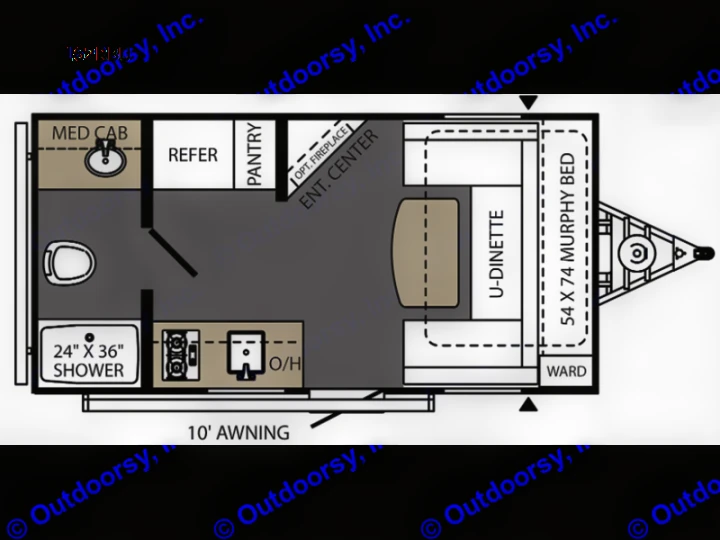 This RV rental floor plan for model 162RBU shows a U-dinette, 54x74 Murphy bed, kitchen, bath, and 10' awning layout.. Coachmen Viking 162RBU 2022