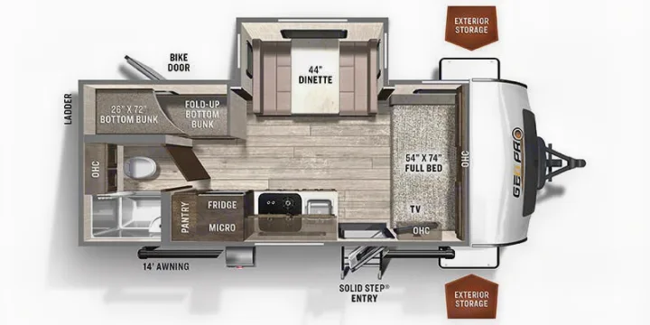 RV rental floor plan: GE PRO interior layout with full bed, bunks, dinette, kitchen, and bath amenities.. Forest River Rockwood Geo Pro 2021