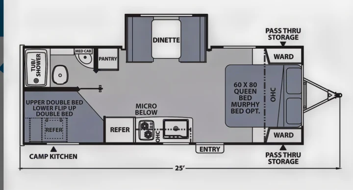 This RV rental floor plan shows a 25-foot layout with a queen bed, bunk beds, dinette, kitchen, and bath.. Coachmen Apex Nano 2021