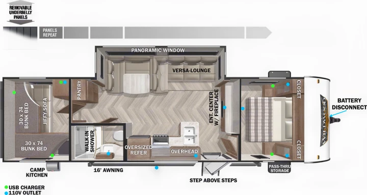 RV rental floor plan shows bunk beds, kitchen, living area (Versa-lounge, fireplace), and master bedroom. USB/110V outlets marked.. Forest River Wildwood X-Lite 2024