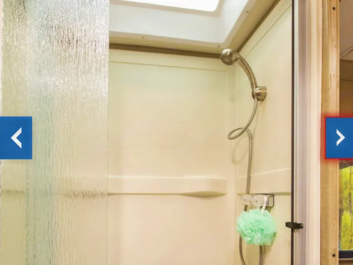View inside an RV rental bathroom, showing a compact shower with a flexible head, small shelf, and green loofah. A skylight is above.. Thor Majestic 2018