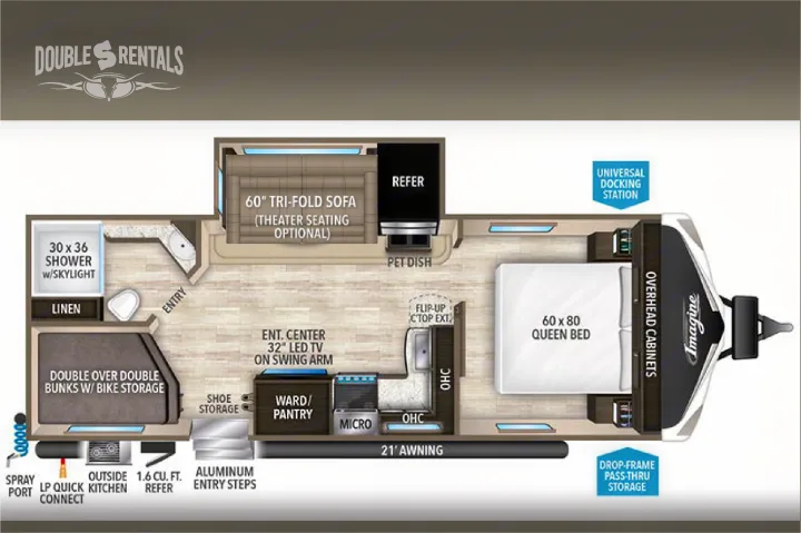 Explore this Double S Rentals rv rental floor plan: queen bed, bunks with storage, kitchen, shower, sofa, and 21' awning.. Grand Design Imagine 2021