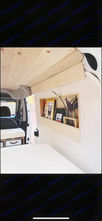 RV rental interior: Cozy camper van with wood ceiling, custom shelving for books/plants, and a bed. Compact living.. Dodge Dodge promaster city 2016